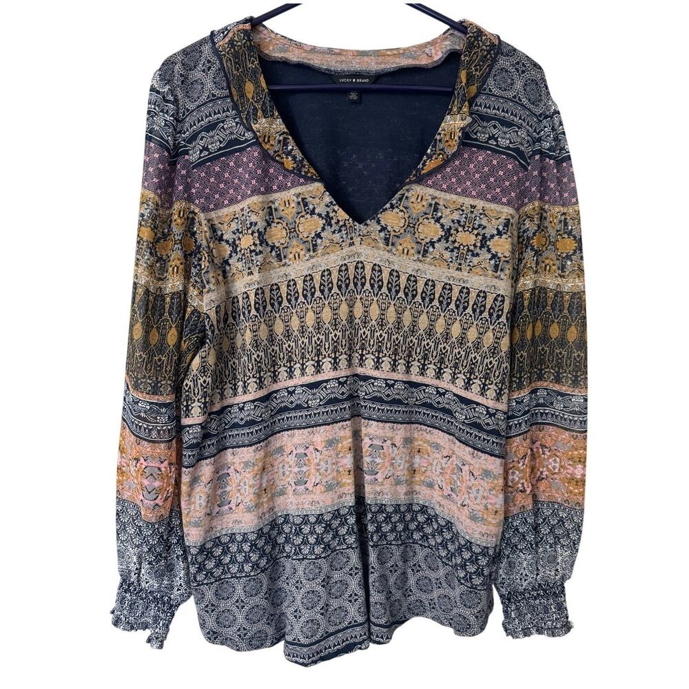 Lucky Brand V-Neck Sheer Sleeve‎ Blouse Size Large